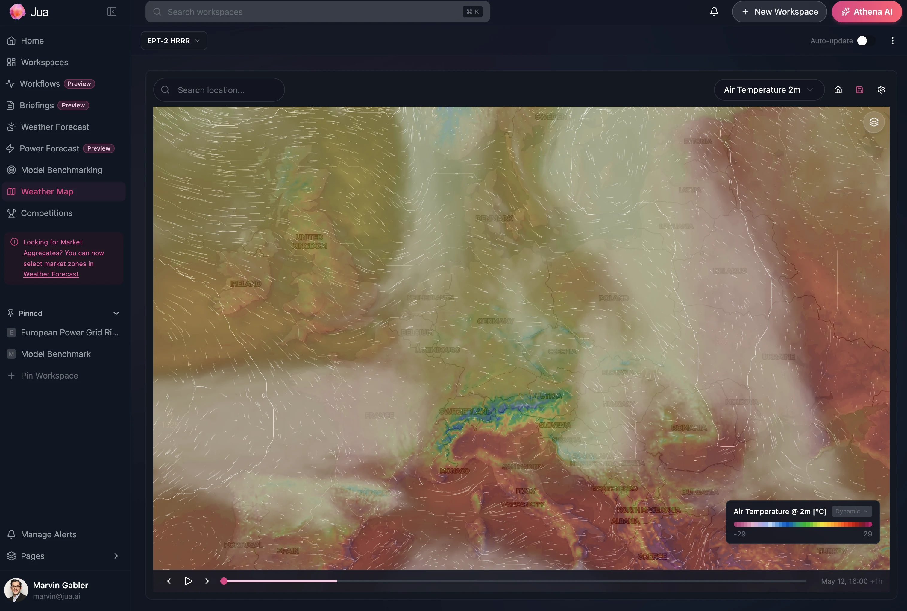 Athena atmosphere map showing weather variables across Europe